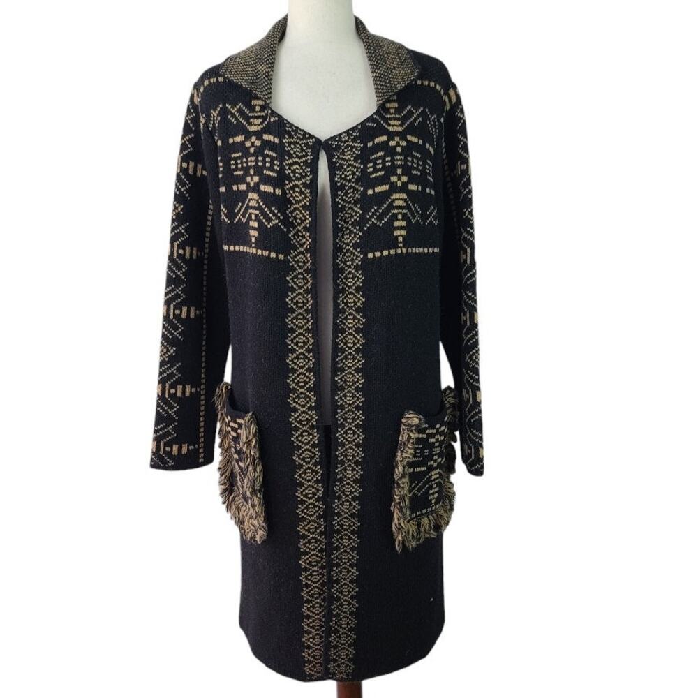 Cocogio Black Brown Long Open Front Cardigan Wool Blend Sweater Italian Made L
